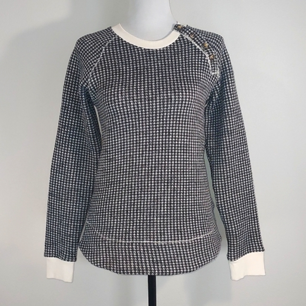 Columbia Black White Houndstooth Knit Fleece Pullover w/ Button Accent Size XS
